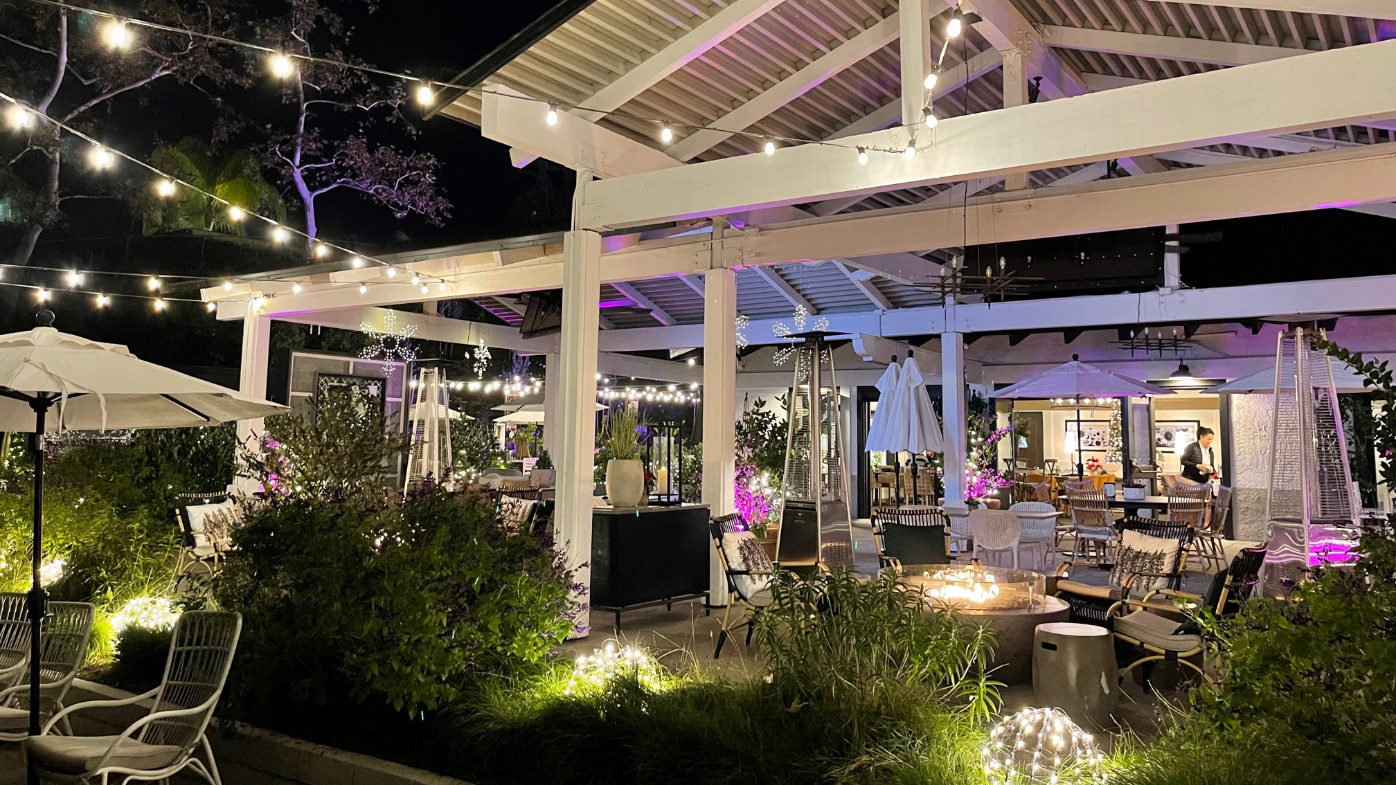 Terrace on the Green restaurant patio at night